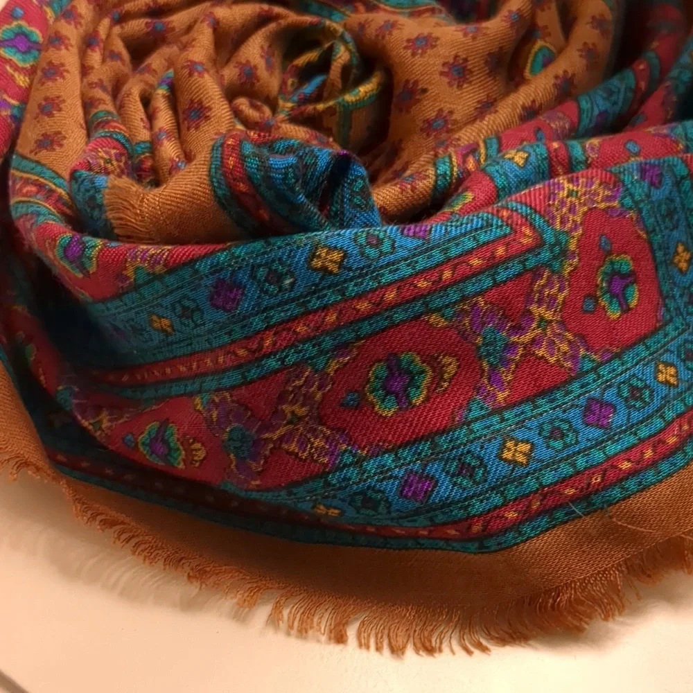 Vintage Women's Paisley Scarf W/ Fringe Edges Brown Teal Old Money Preppy